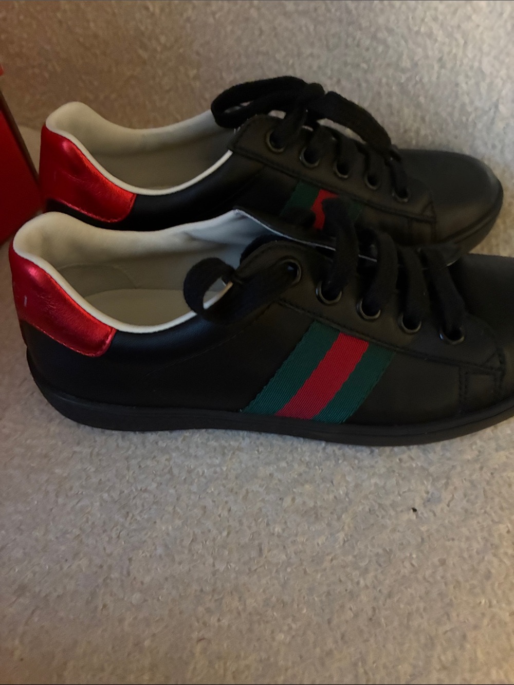 Gucci Kids Black Sneakers with Red Metallic Heel and Green/Red Web Stripe